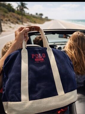 Rare Polo by Ralph Lauren Navy Tote with Red Logo and Cream Straps